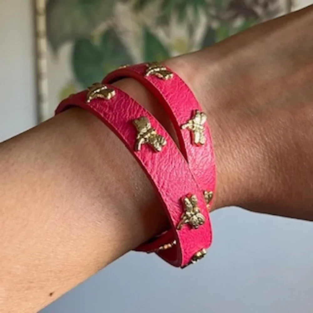 🧡3/15 Red Faux Leather Double Wrap Adjustable Bracelet with Gold Dragonflies